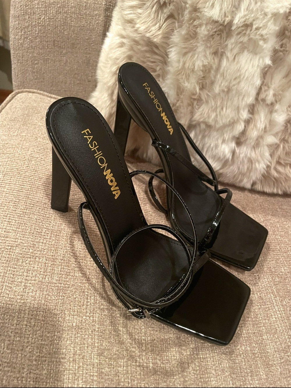 Fashion Nova Black Patent Strappy Square-Toe Block Heel Sandals